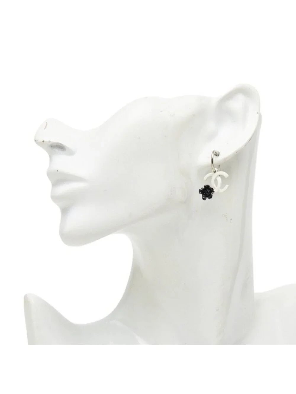 Chanel CC Logo Camellia Swing Earrings 04 White Black Metal